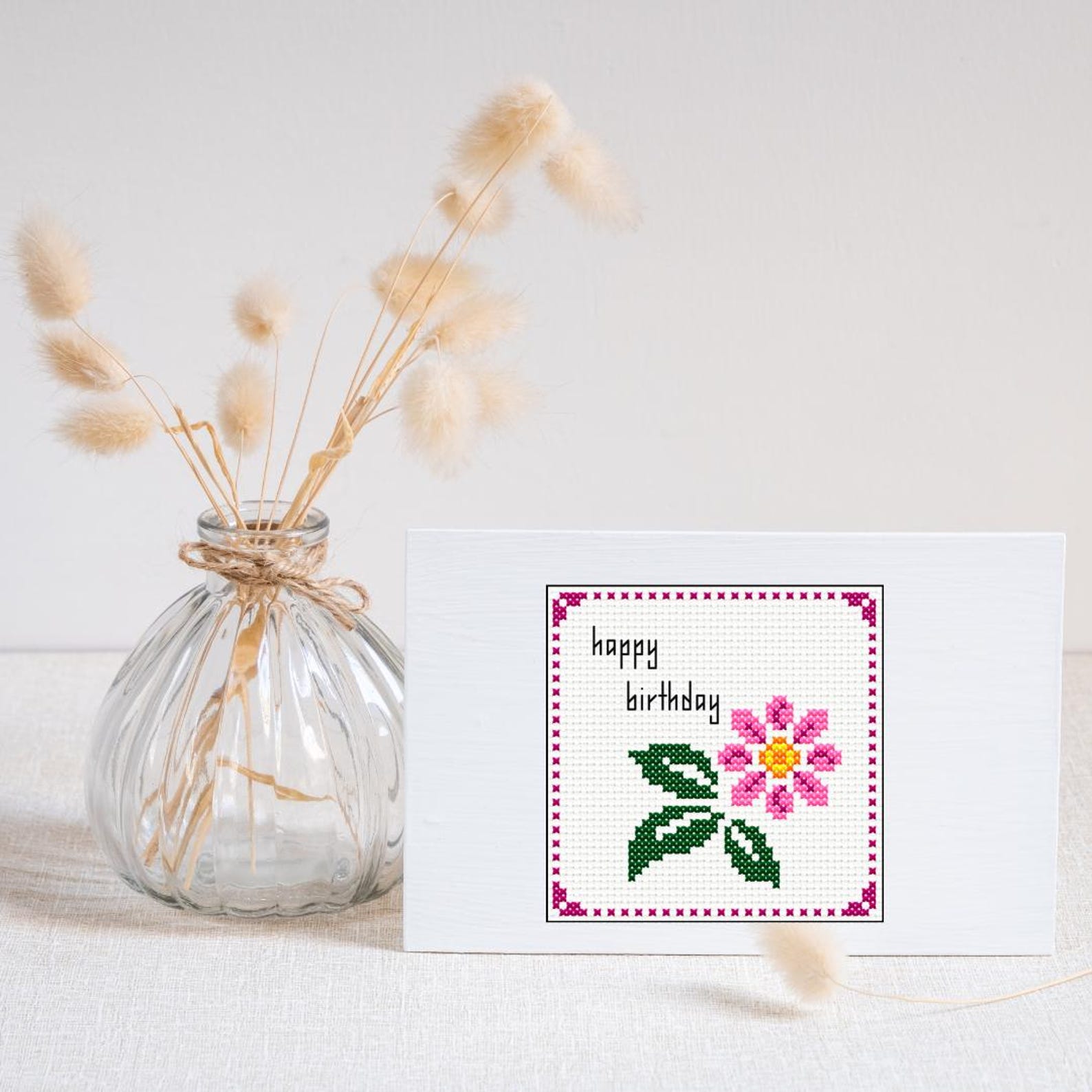 Cross Stitch Birthday Card - Pink Flower PDF Pattern for Mindful ...