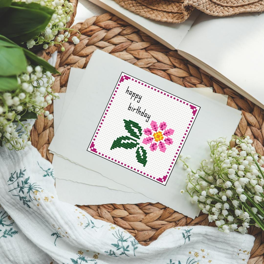 Cross Stitch Birthday Card - Pink Flower PDF Pattern for Mindful ...
