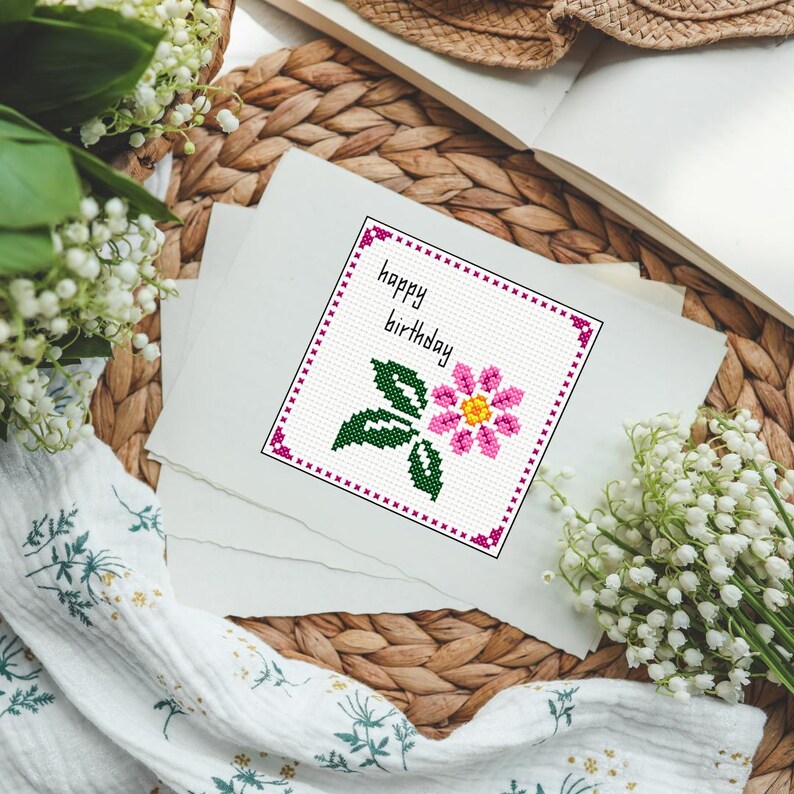 Cross Stitch Birthday Card - Pink Flower PDF Pattern for Mindful ...