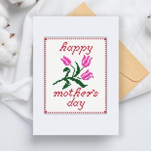 Biglietto di auguri con schema a punto croce per la festa della mamma - Modello di tulipani rosa - Download immediato - Biglietto fai da te per la festa della mamma - Biglietto di auguri con tulipani