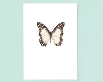 Monotone Butterfly - Delicate nature insect watercolor print with polka dots