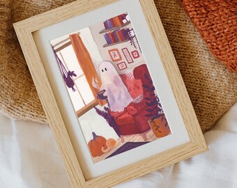 DOWNLOADABLE PRINT The Season - cozy ghost art print for reading nook, spooky halloween wall decor, cute spirit watercolor