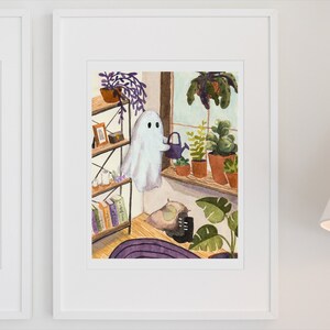 The Season 2 cozy ghost art print for plant lover, spooky halloween wall decor, cute spirit watercolor image 3