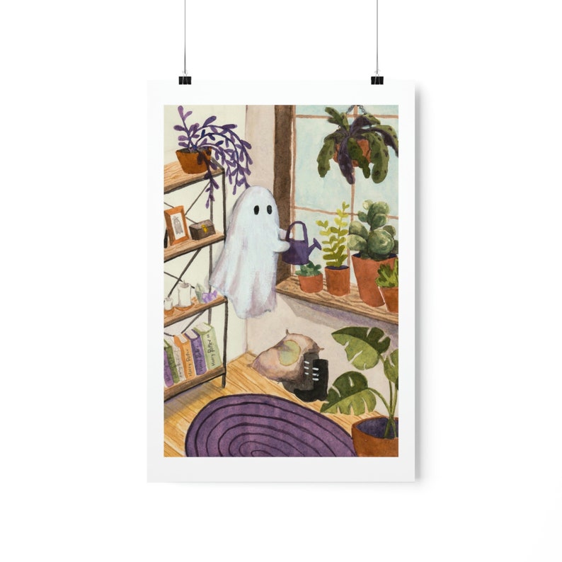 The Season 2 cozy ghost art print for plant lover, spooky halloween wall decor, cute spirit watercolor image 2