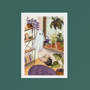 The Season 2 cozy ghost art print for plant lover, spooky halloween wall decor, cute spirit watercolor image 4
