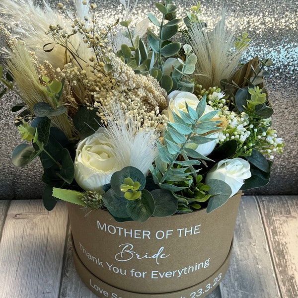 Mother Of The Bride Gift, Mother Of The Groom Wedding Gift. Floral Hat box gift, Maid of Honour Gift. Rustic Artificial Floral Arrangement