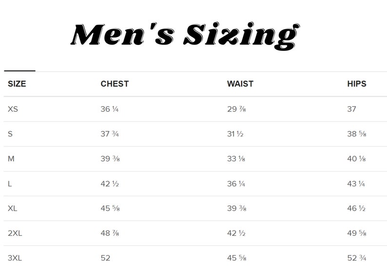 May include: A size chart for men's clothing with measurements in inches for chest, waist, and hips. The sizes listed are XS, S, M, L, XL, 2XL, and 3XL.