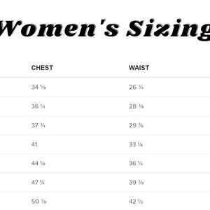 May include: A chart showing women's sizing with measurements for chest, waist, and hips in inches. The sizes listed are XS, S, M, L, XL, 2XL, and 3XL.