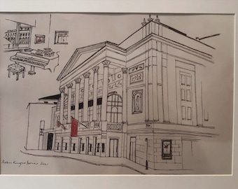 May include: A black and white line drawing of a building with a red flag hanging from the side. The building has a large, arched entrance and a series of columns. The drawing is signed "Robin Kangaroo June 2021".
