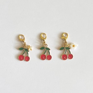 Tiny Cherry Enamel Clip on Charm, Small Cherry Flower and Star Purse Charms, Cute Stitchmarker, Planner Charm, Bag Accessory