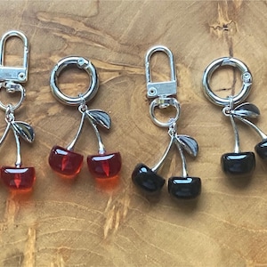 Red and Black Silver Plated Cherry bag charms, Silver Plated Cherry keychain, Cute purse charm clip on or oring clasp, Gift for Friend