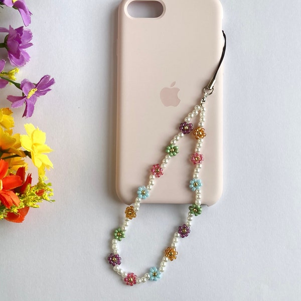 Pearl & beaded flower phone strap, faux pearl and seed bead flowers, colourful daisy charm straps, mobile accessories gift