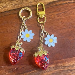 Personalized Strawberry Keychain: Cottagecore Purse Charm with Enamel Flower