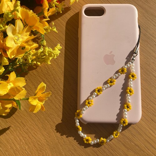 Sunflower & Pearl Beaded Phone Charm Strap: Cottagecore Mobile Accessory