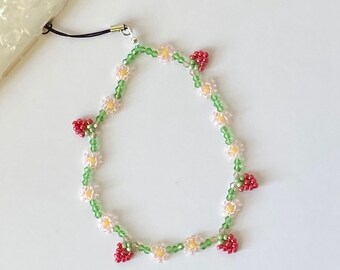 Strawberry Fields phone strap, Strawberry flowers mobile charm, fruit and flower cottagecore phone charm straps, mobile accessory gift