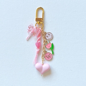Pink Beaded Heart and Macrame Bag Charm: Personalised Acrylic Hearts Keychain