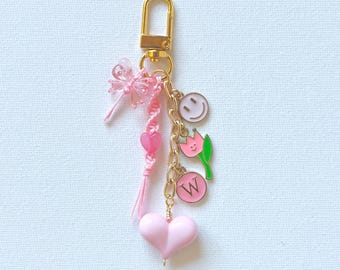 Pink Beaded Heart and Macrame Bag Charm: Personalised Acrylic Hearts Keychain