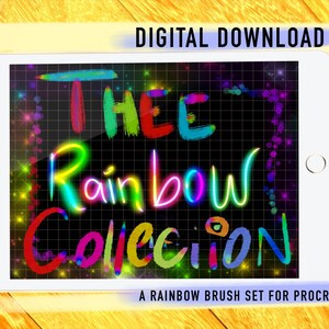 Op de afbeelding: Een digitale download voor Procreate met een regenboog penseelset. De afbeelding toont een tabletscherm met de tekst "The Rainbow Collection" geschreven in kleurrijke, regenboogachtige penseelstreken.