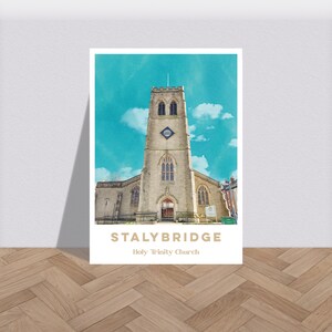 May include: A vintage postcard featuring a watercolor illustration of Holy Trinity Church in Stalybridge, England. The church has a tall stone tower and a blue sky with white clouds in the background.