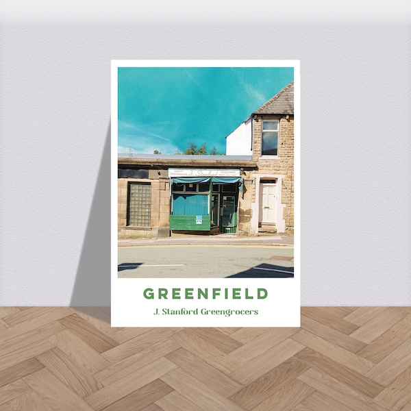 J. Stanford Greengrocers Greenfield Blue Sky Print - Graphic Village Poster, Colourful Gritty Wall Art, Bold Travel Artwork Photo A6 - A2