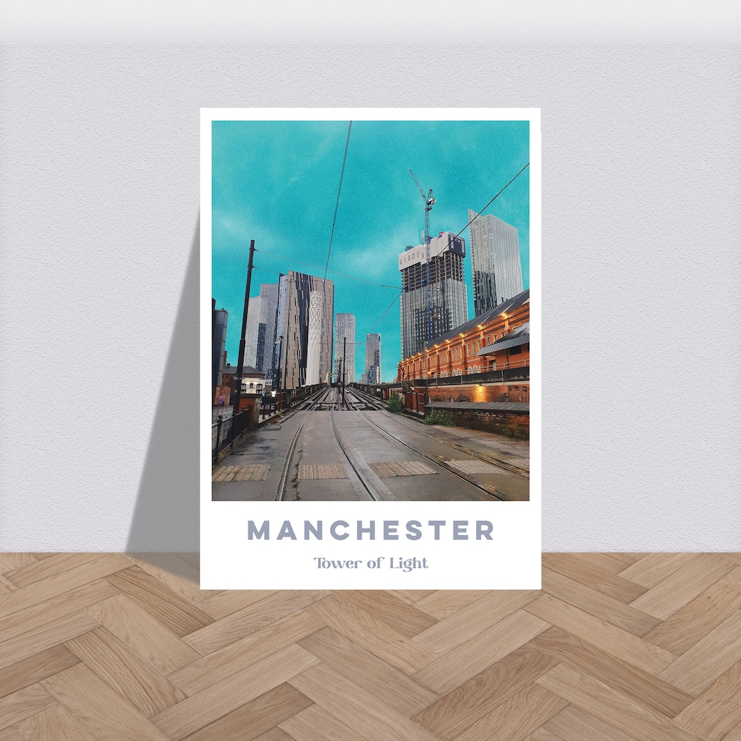 Manchester Poster Tower of Light Manchester Blue Sky Print - Graphic Urban Skyline Poster ...