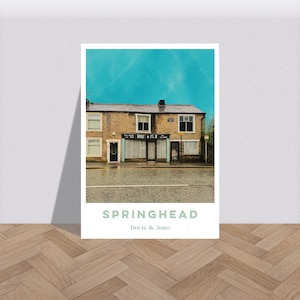 Doris & Joan Springhead Saddleworth Blue Sky Print - Graphic Village Poster, Colourful Gritty Wall Art, Bold Travel Artwork Photo A6 - A2