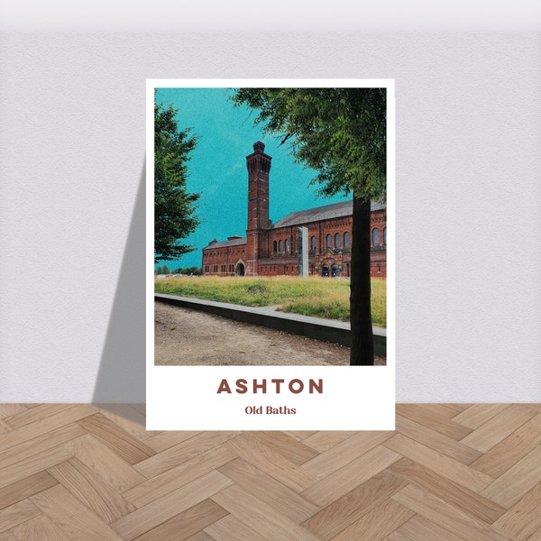 Old Baths Ashton Manchester Blue Sky Print - Grafisches Skyline Poster, Bunte Kies Wandkunst, Fett Reise Kunstwerk Foto A6 - A2