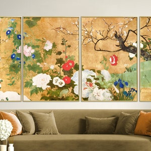 Set of 4 Japanese Illustrated Panels, Asian Art Style Landscape Flowers, Digital Download Instant Print, Japan Botanical Wall Prints