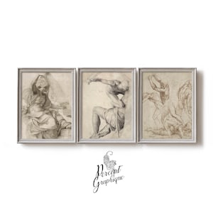 3 Piece Wall Art Roman Drawings, Instant Download, Charcoal Pencil Rendering Greek Roman Art Prints | Historical Home Office | Printable Art