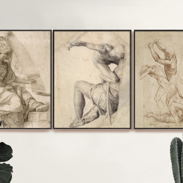 3 Piece Wall Art Roman Drawings, Instant Download, Charcoal Pencil Rendering Greek Roman Art Prints | Historical Home Office | Printable Art