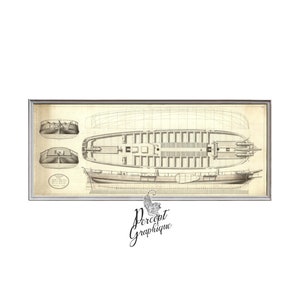 May include: A black and white line drawing of a ship's deck plan. The drawing shows the layout of the ship's deck, including the location of the cannons, masts, and other features. The drawing is framed in a silver frame.