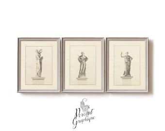 May include: Three framed black and white prints of antique statues of women. The frames are silver with a white mat.