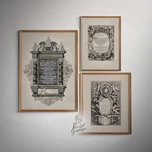 Set of 3 Book Plate Drawings Instant Download | French 1800s | Historical etching | Baroque Illustration Art | Antique illuminated literary