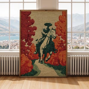 Cowboy Forest Trail Art Print - Vintage Autumn Ride Poster - Red Trees Western Wall Decor - Retro Horseback Linocut Illustration