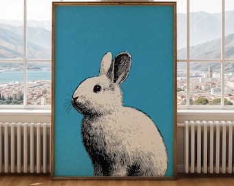 Minimalistische konijnkunstprint: moderne poster konijn, blauw kinderkamerdecor, dierenmuurkunst