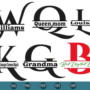 Fonte do alfabeto do monograma dividido Svg, alfabeto dividido em maiúsculas Dxf, arquivo Png de fatia de letra, fonte da letra do quadro do monograma do teclado, família de casamento Svg