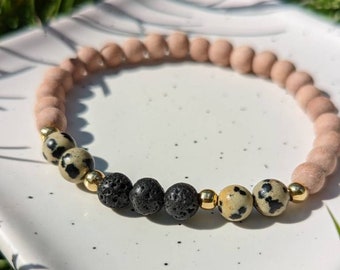 Aromatherapy Lava Bracelet, Diffuser bracelet, Essential Oils, Dalmatian Jasper, Lava Bead, Unwaxed Rosewood Beads, Gold Filled Spacer Beads