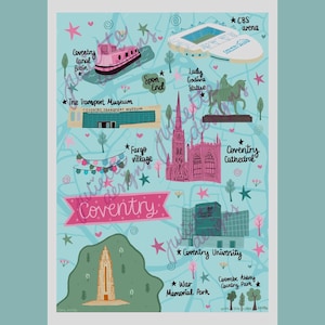 Coventry City Illustrated Map Print! hand drawn, coventry, ccfc, coventry merch, coventry city merch, coventry city, sky blues, coventry fan