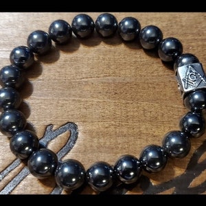 Masonic Black Hematite Metal Male Bracelet 10mm beads