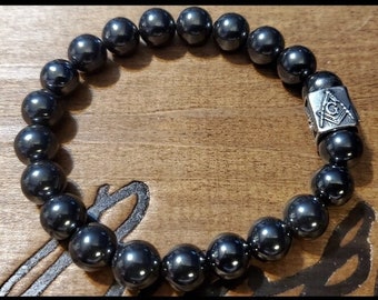 Masonic Black Hematite Metal Male Bracelet 10mm beads