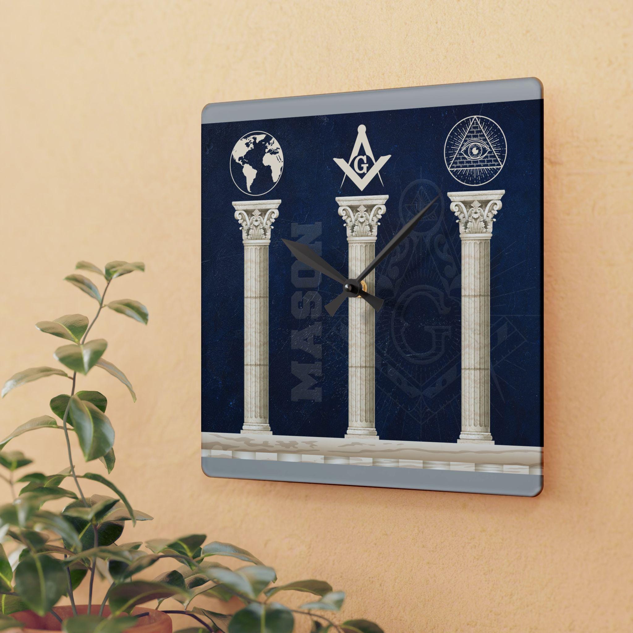 Masonic Wall Clock, Freemason Decor, Lodge Symbol Art, Square Compass Gift, Mason Meeting Room Decor, Master Mason Regalia, Masonic Home