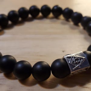 Mens Matte Black Onyx Masonic Bracelet 10mm beads