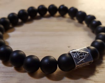 Mens Matte Black Onyx Masonic Bracelet 10mm beads