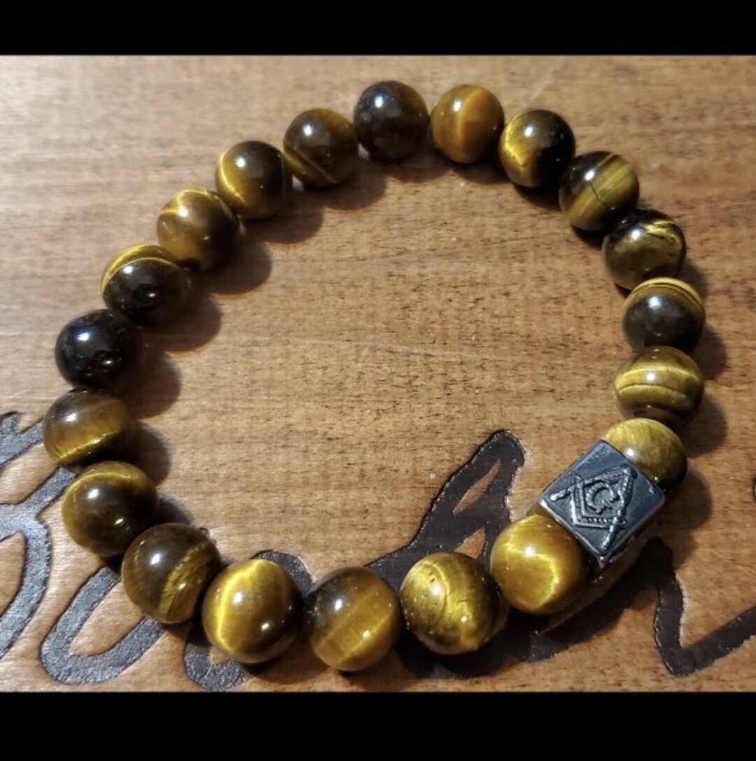 Mens Masonic Tiger's Eye Bracelet, Masonic Jewelry 10mm Beads