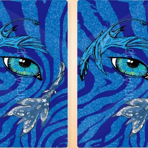 May include: Two panels with a blue and white illustration. Each panel features a blue eye, a stylized blue wing, and a blue and white creature. The background has a blue zebra stripe pattern. The text "ArtyArtish" is visible.