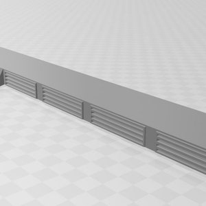 Puede incluir: Una plataforma larga, gris y rectangular con una serie de respiraderos rectangulares espaciados uniformemente a lo largo de un lado.