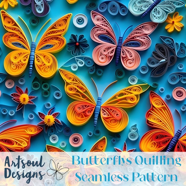 Butterflys Quilling Repeating Seamless Pattern Design,Tiling Design,Digital Paper,Fabric,Commercial Use, Digital Download, Wrapping Paper