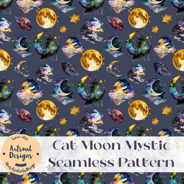 Cat Moon Mystic Seamless Pattern,Digital Pattern,Pattern Design,Fabric Pattern,Repeat Pattern,Digital Download