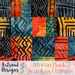 May include: A seamless pattern featuring a patchwork of colorful squares with geometric designs in black and white. The squares are arranged in a grid pattern and have a watercolor effect. The pattern is titled "African Batik Seamless Pattern".