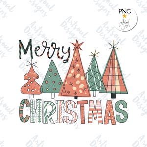 Whimsical Merry Christmas PNG, clipart de árvores de Natal desenhadas à mão, download digital festivo de feriados para cartões, presentes e artesanatos